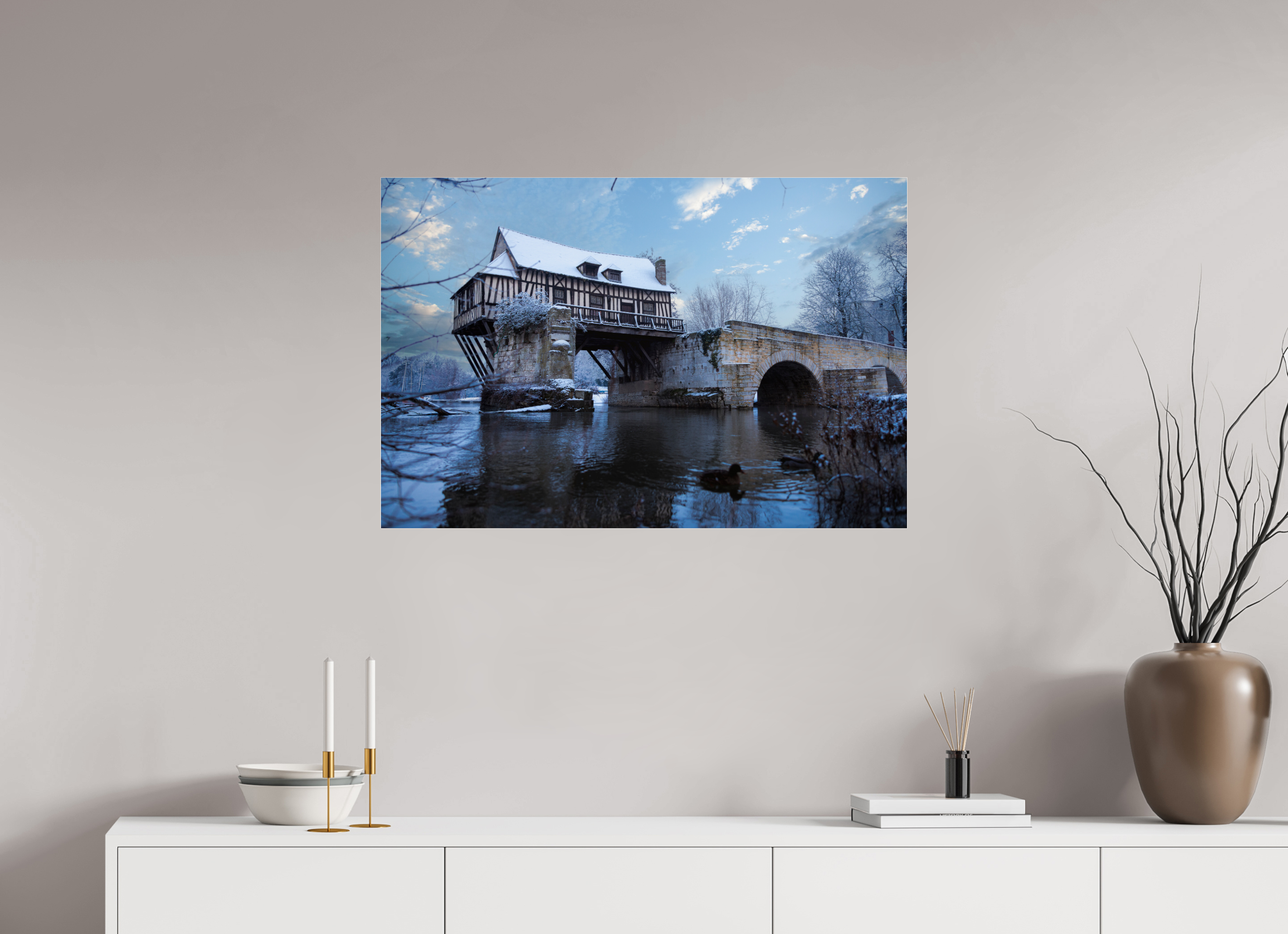 90 x 60 cm, Photo Print Under Acrylic Glass Vieux Pont de Vernon sous la neige