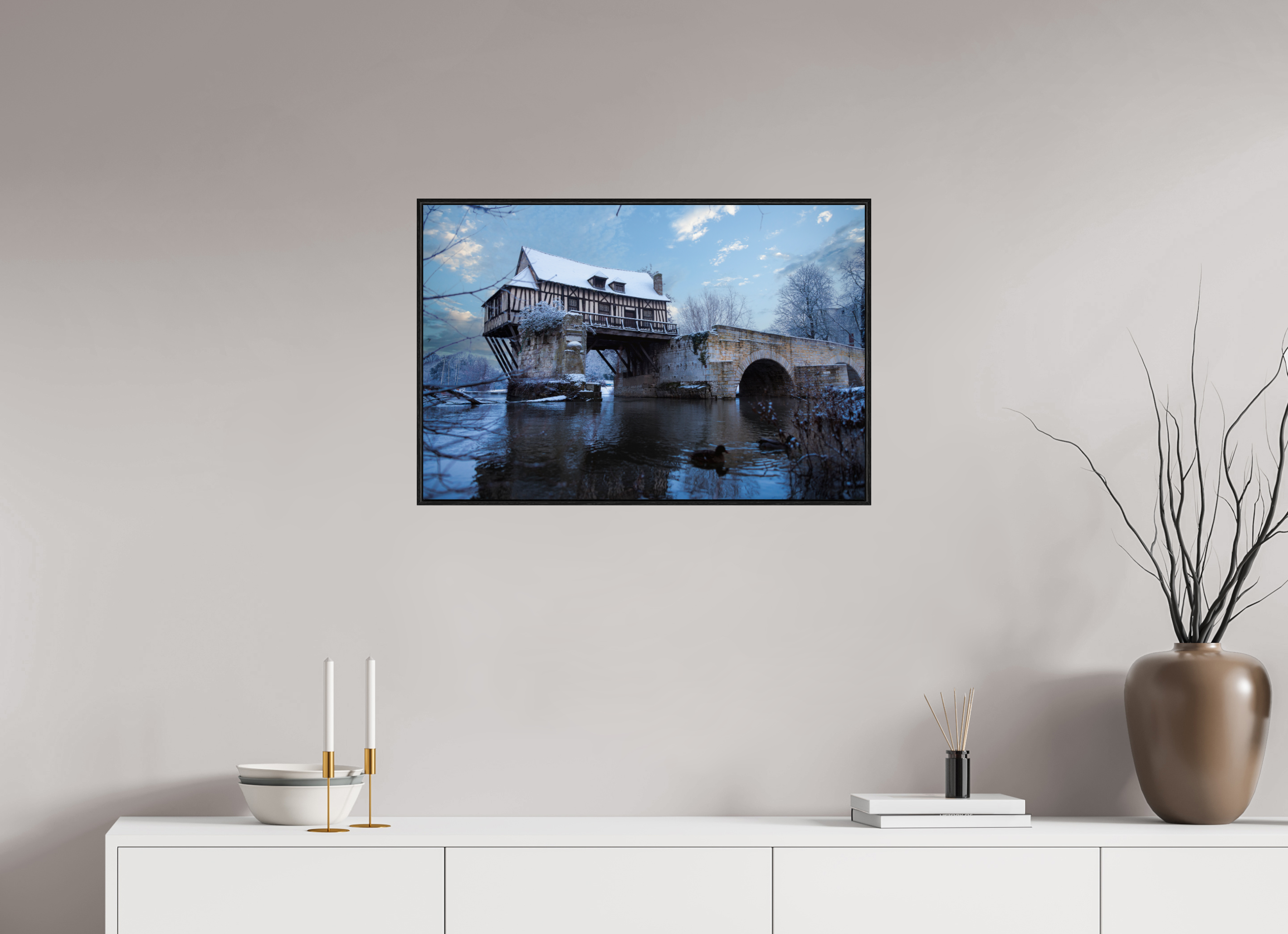 75 x 50 cm, Plexi et cadre américain Vieux Pont de Vernon sous la neige