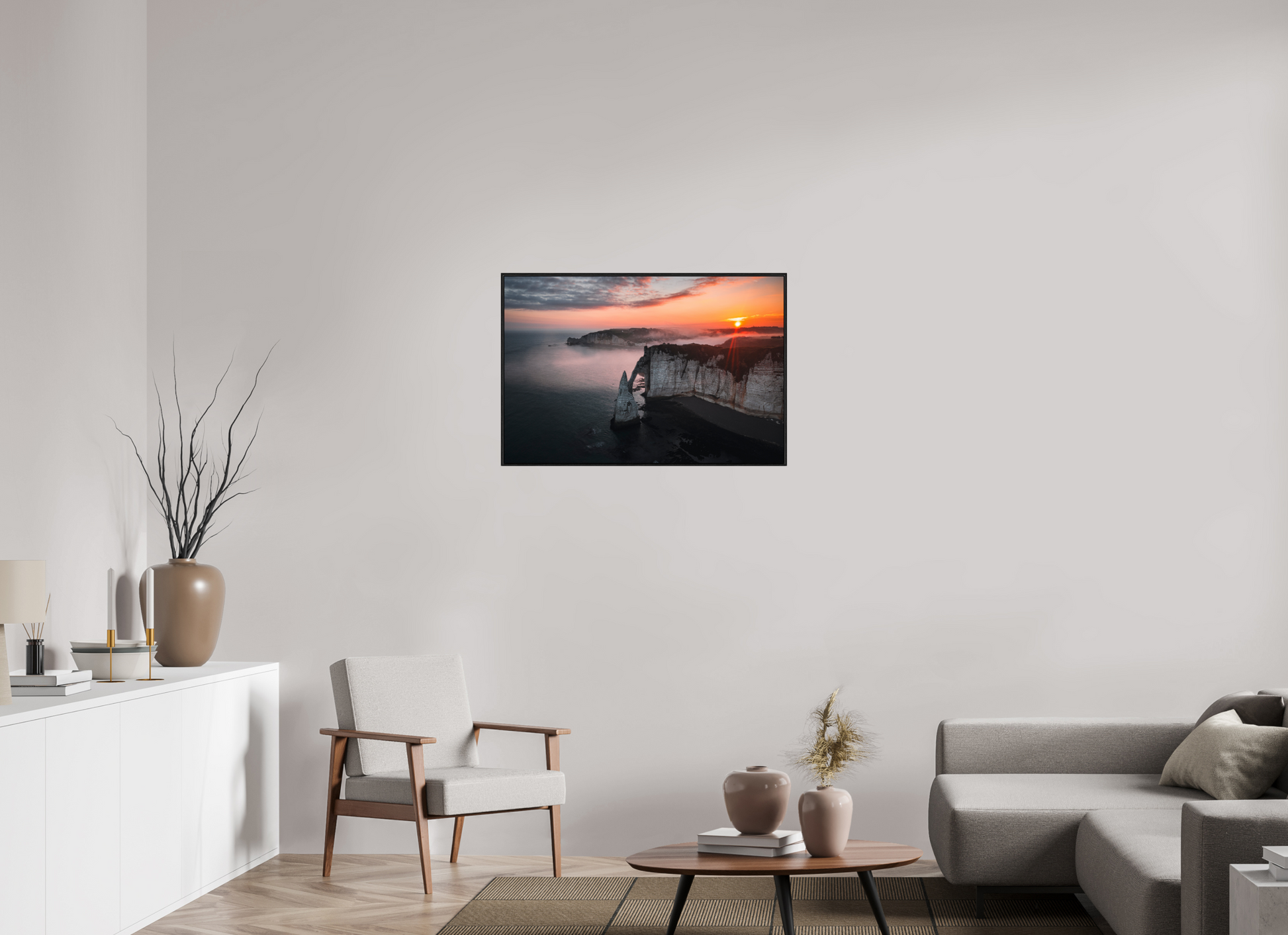 90 x 60 cm, Alu et cadre américain Aube sur les Falaises d'Aval d'Etretat