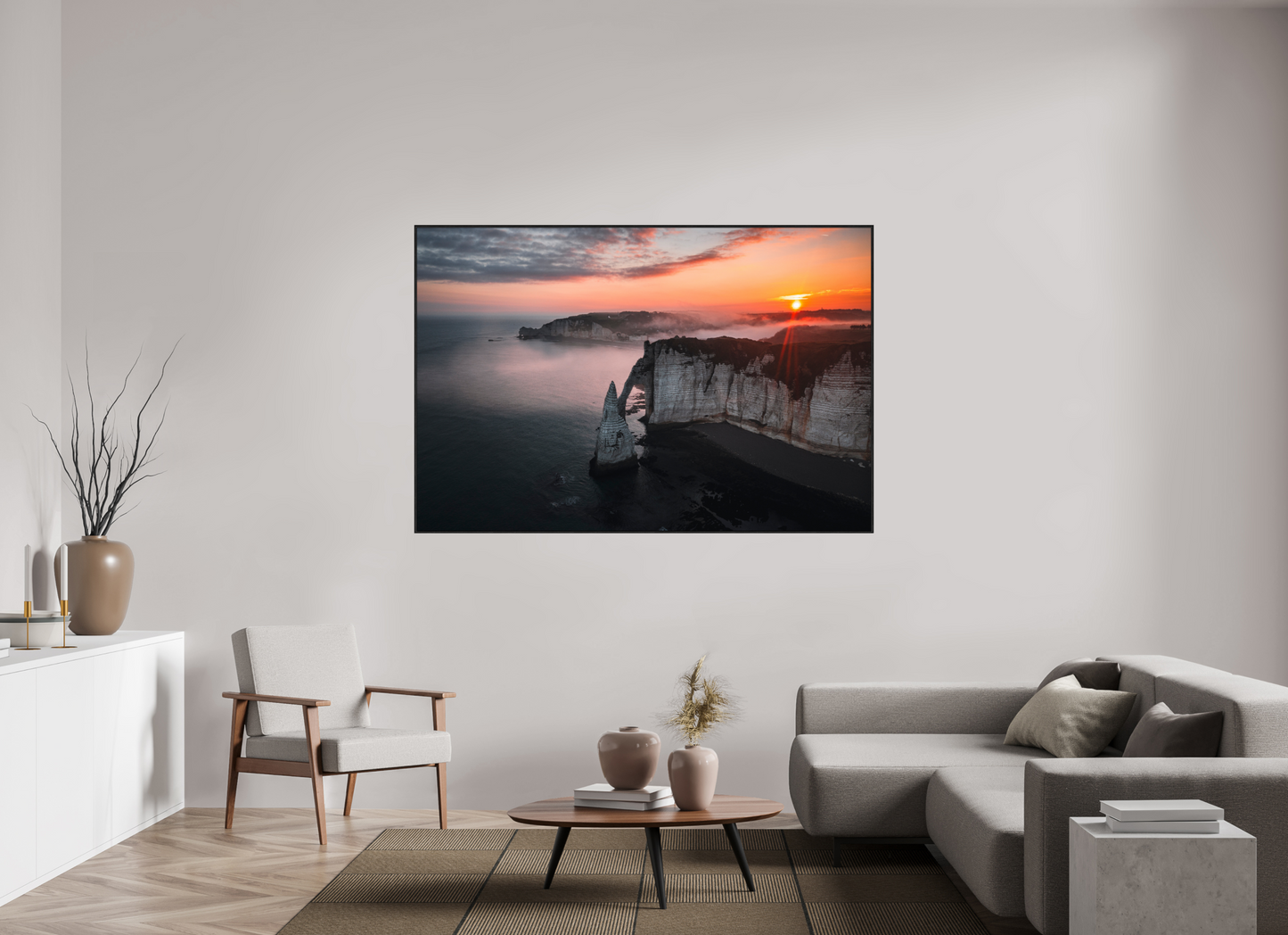 180 x 120 cm, Plexi et cadre américain Aube sur les Falaises d'Aval d'Etretat