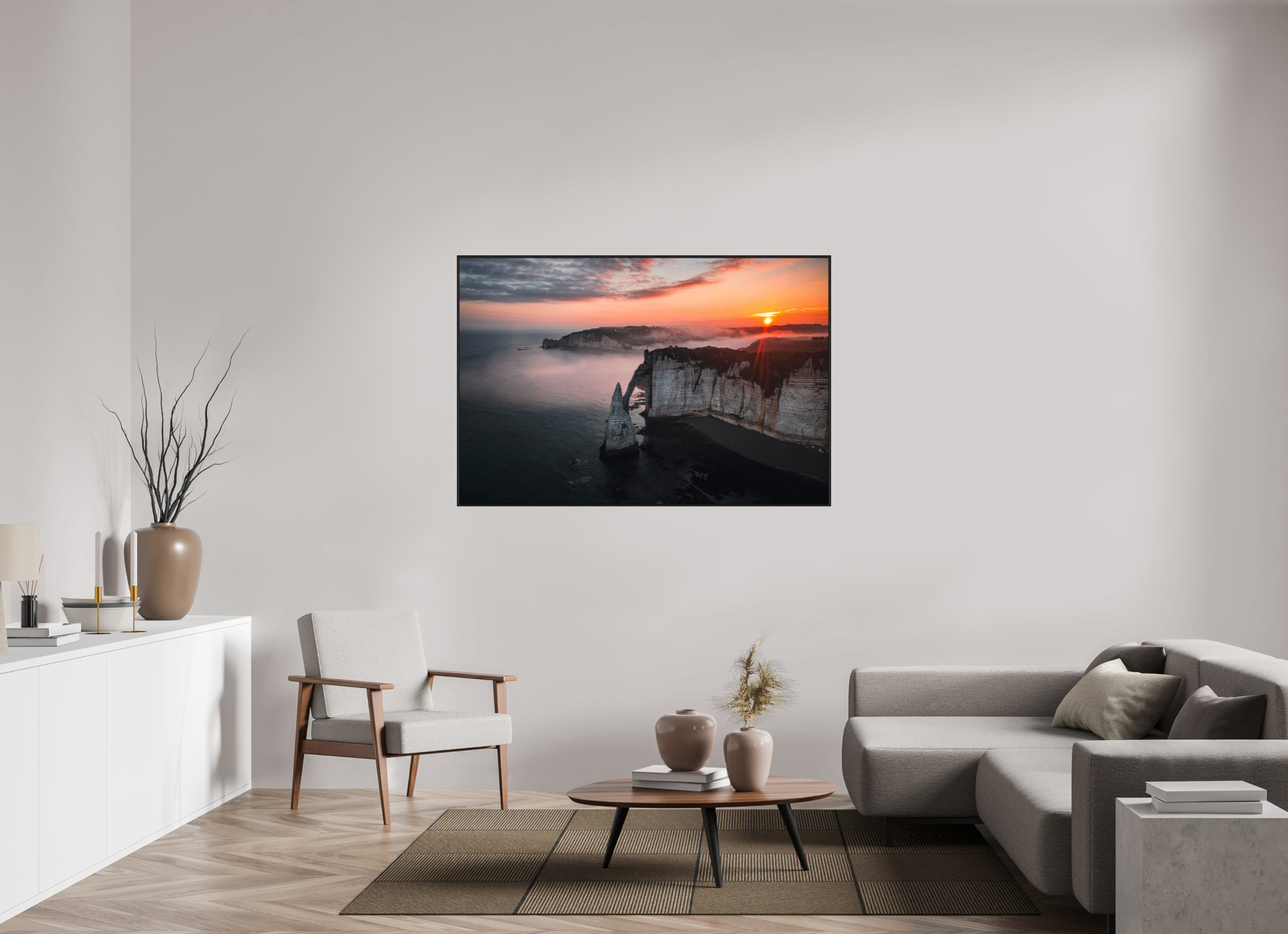 150 x 100 cm, Plexi et cadre américain Aube sur les Falaises d'Aval d'Etretat