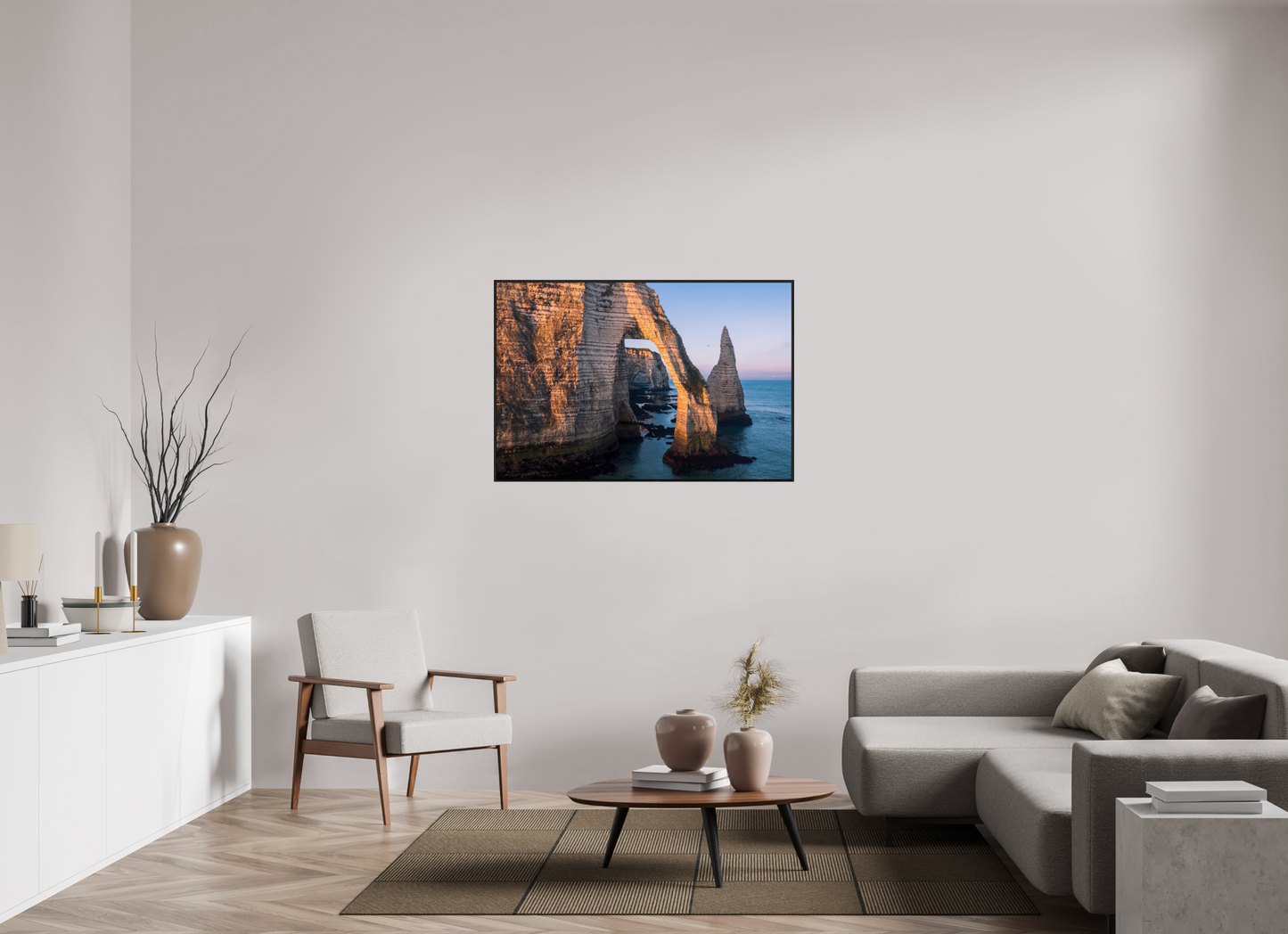 120 x 80 cm, Plexi et cadre américain Lumière dorée sur l’arche d’Étretat