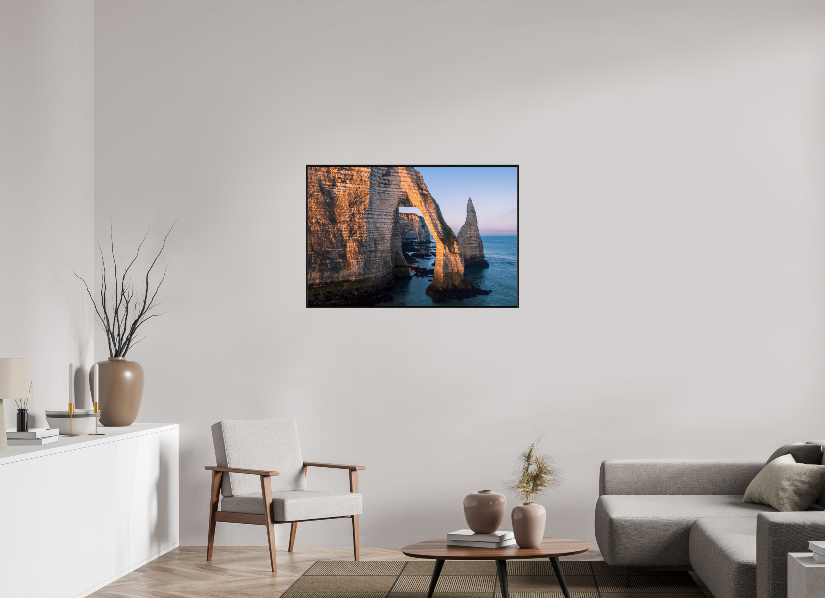 105 x 70 cm, Plexi et cadre américain Lumière dorée sur l’arche d’Étretat
