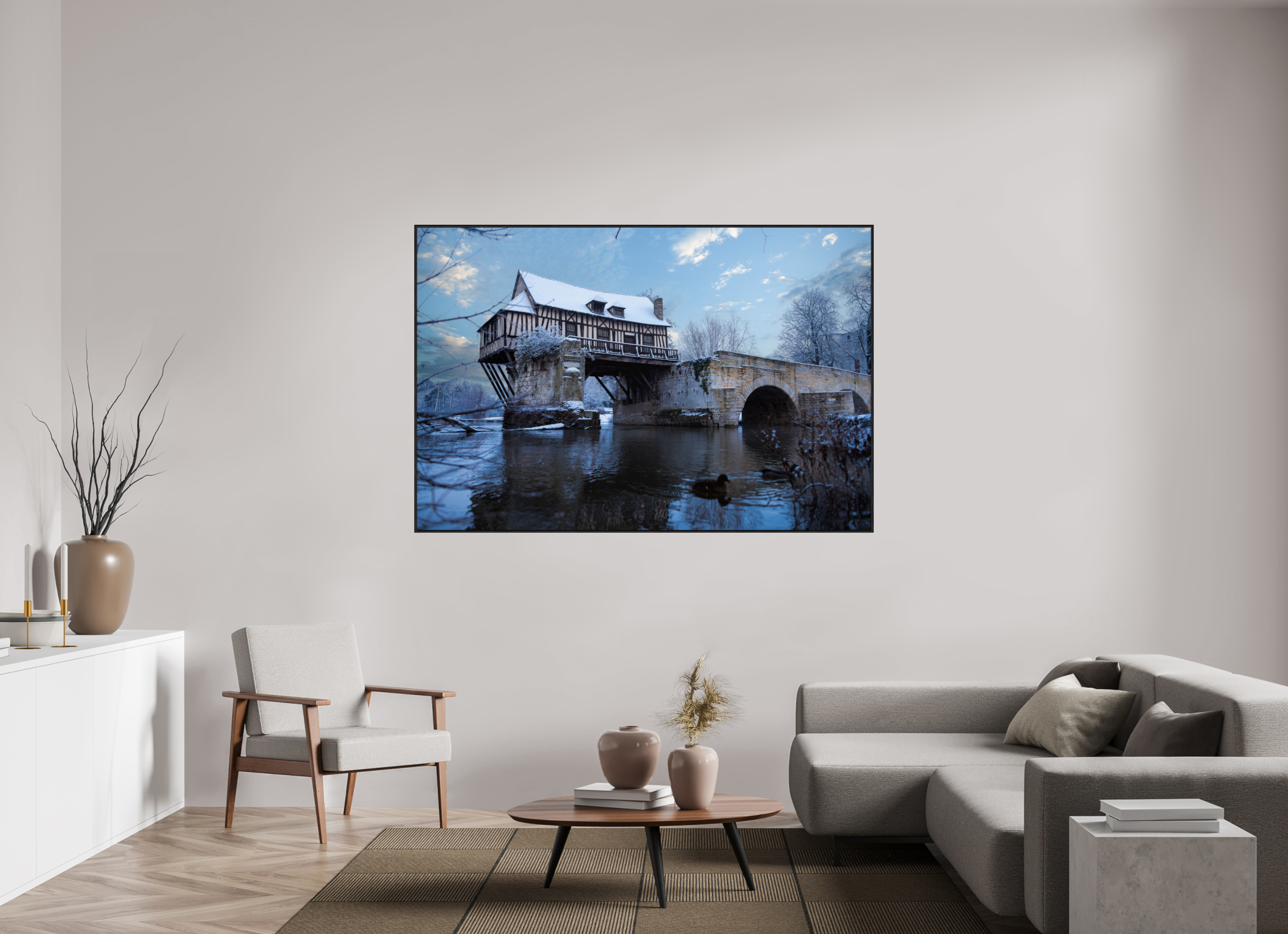 180 x 120 cm, Plexi et cadre américain Vieux Pont de Vernon sous la neige