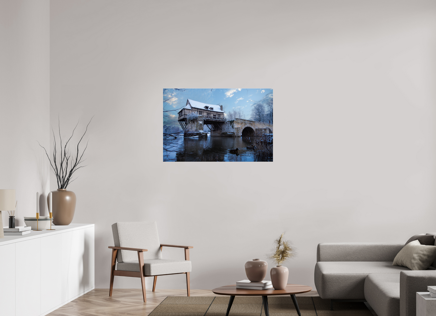 105 x 70 cm, Photo Print Under Acrylic Glass Vieux Pont de Vernon sous la neige