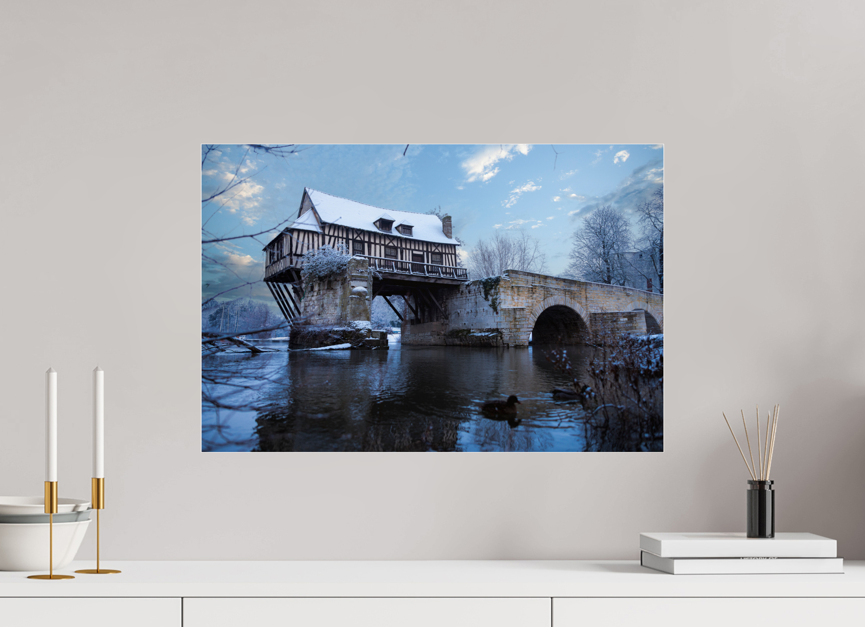 60 x 40 cm, Photo Print Under Acrylic Glass Vieux Pont de Vernon sous la neige