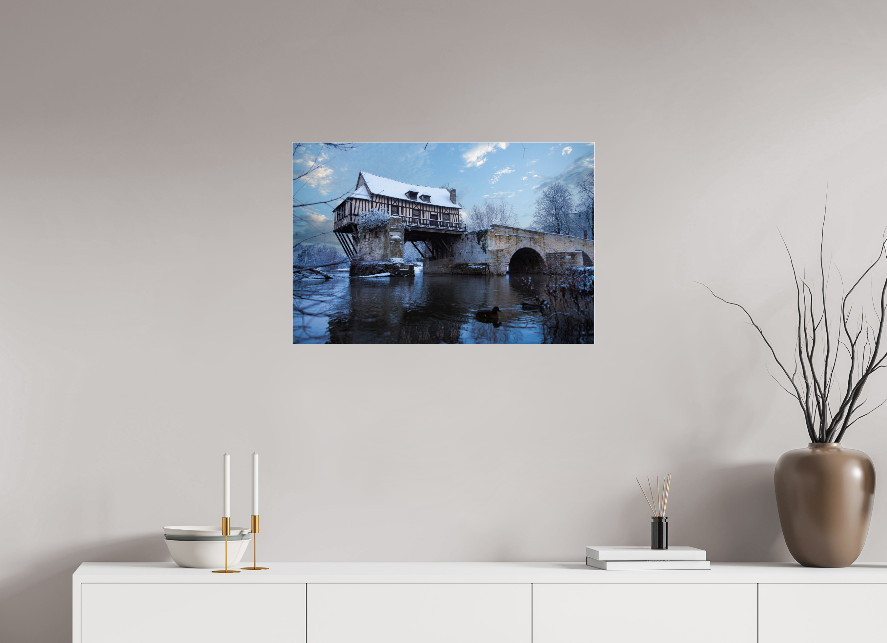 75 x 50 cm, Photo Print Under Acrylic Glass Vieux Pont de Vernon sous la neige