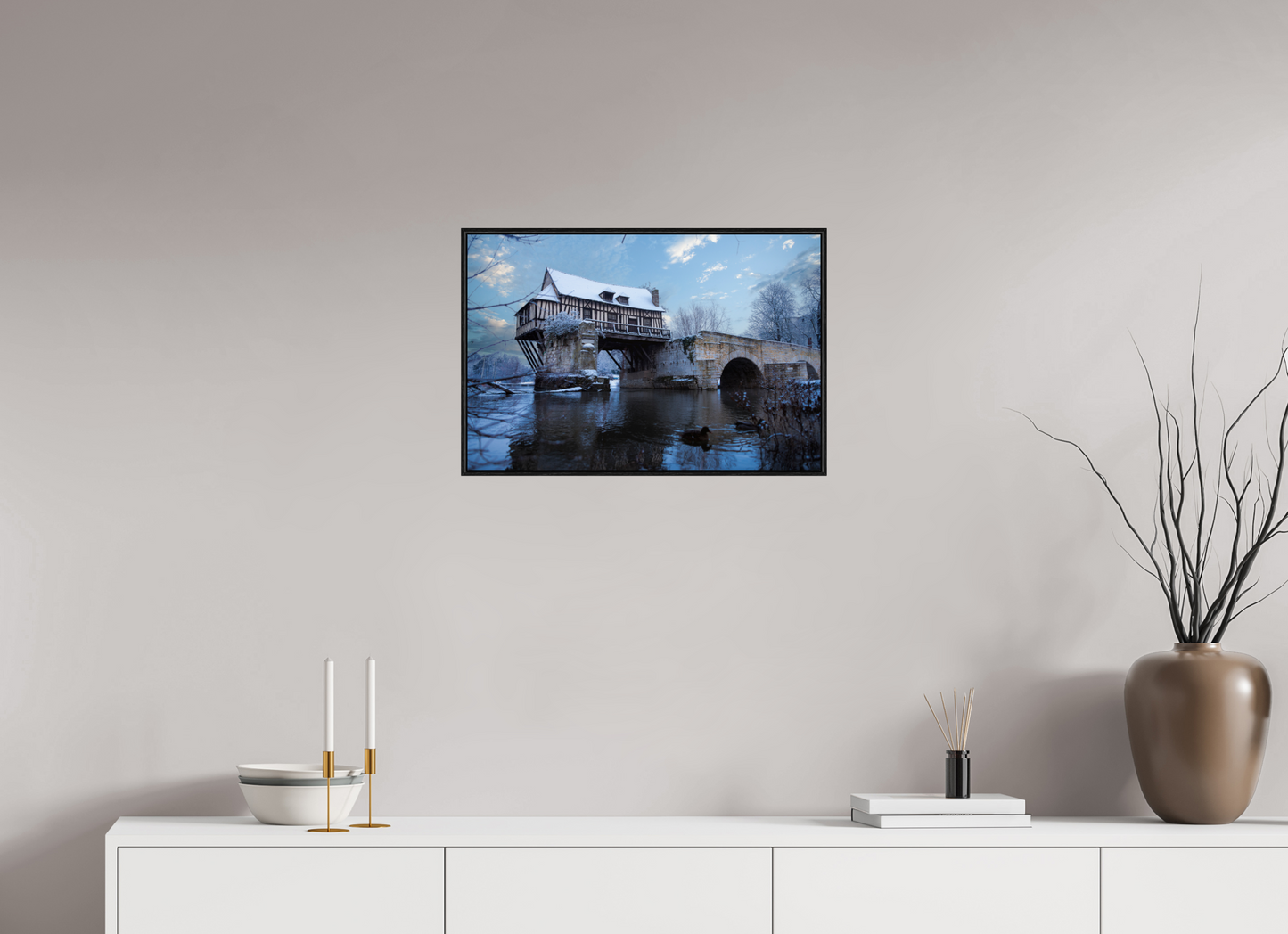 60 x 40 cm, Alu et cadre américain Vieux Pont de Vernon sous la neige