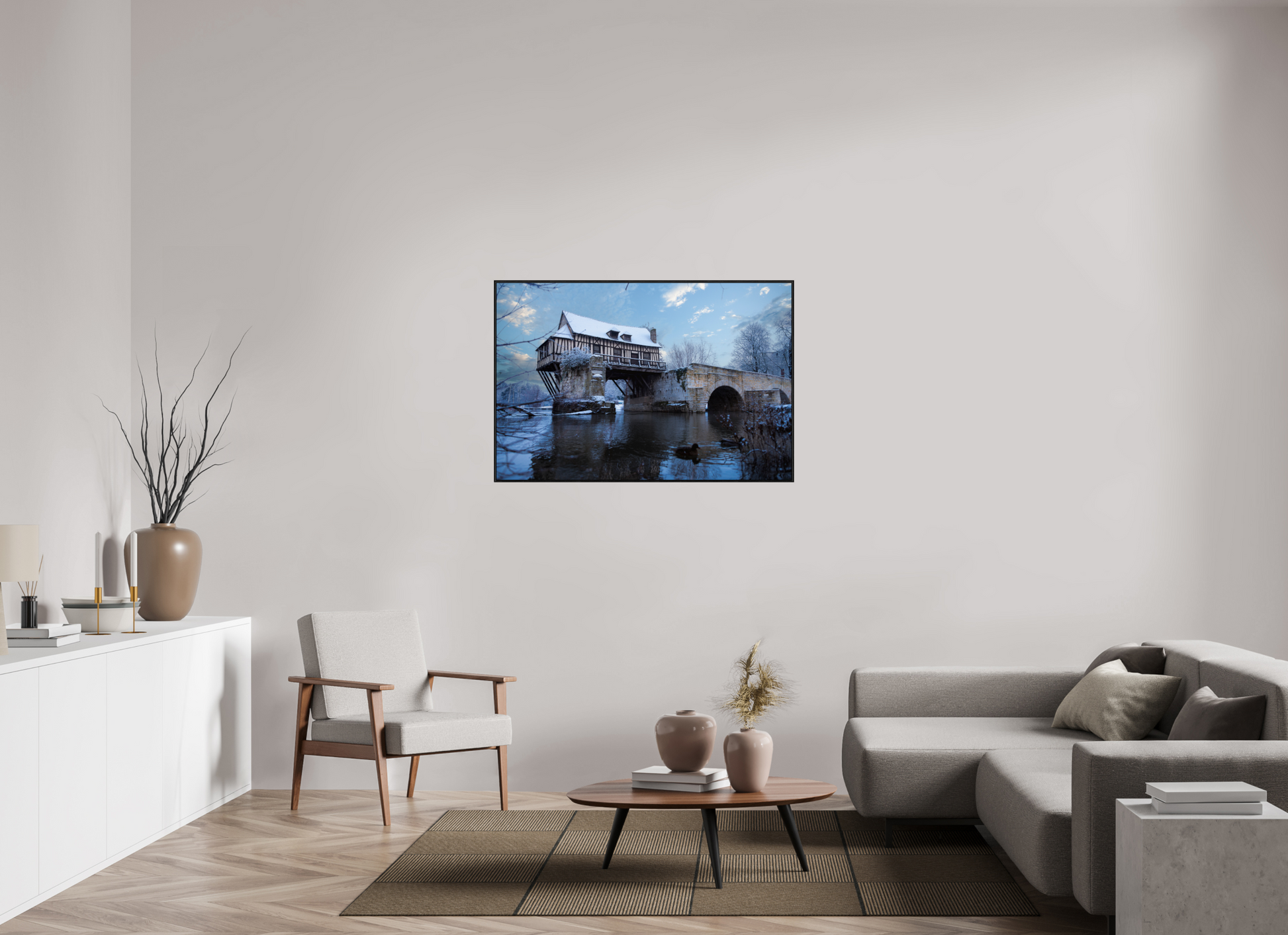 120 x 80 cm, Plexi et cadre américain Vieux Pont de Vernon sous la neige