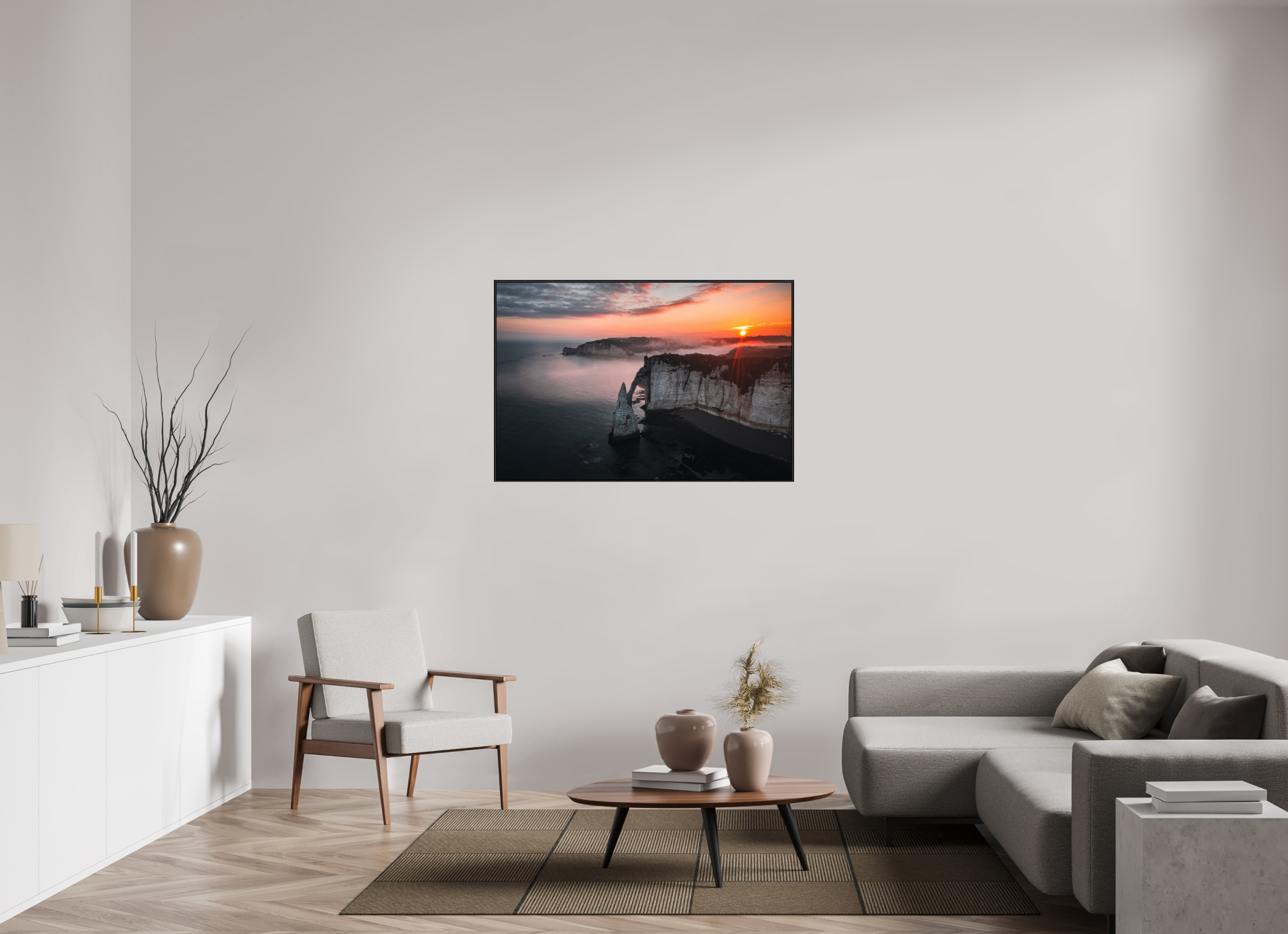120 x 80 cm, Plexi et cadre américain Aube sur les Falaises d'Aval d'Etretat