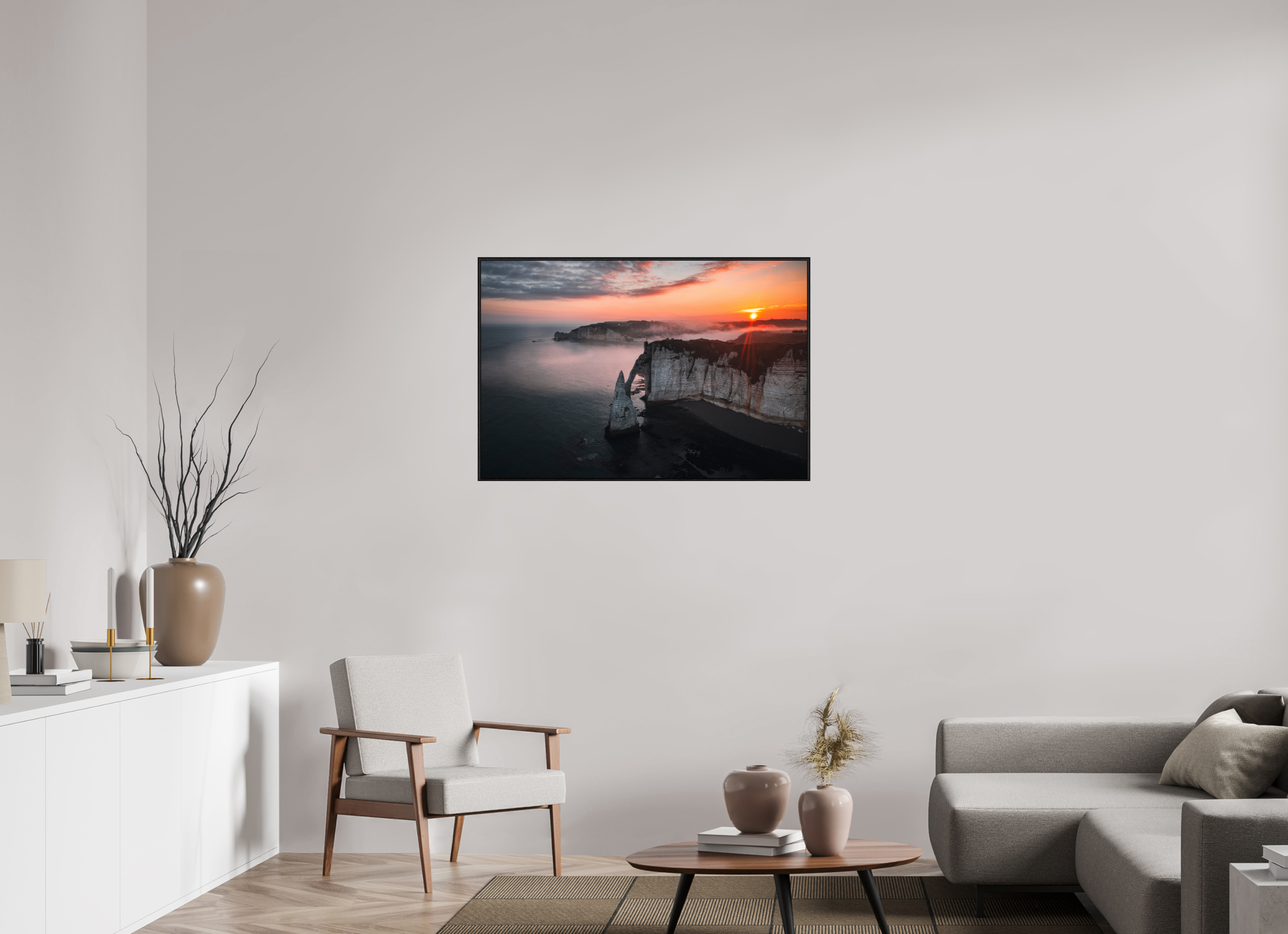 105 x 70 cm, Plexi et cadre américain Aube sur les Falaises d'Aval d'Etretat