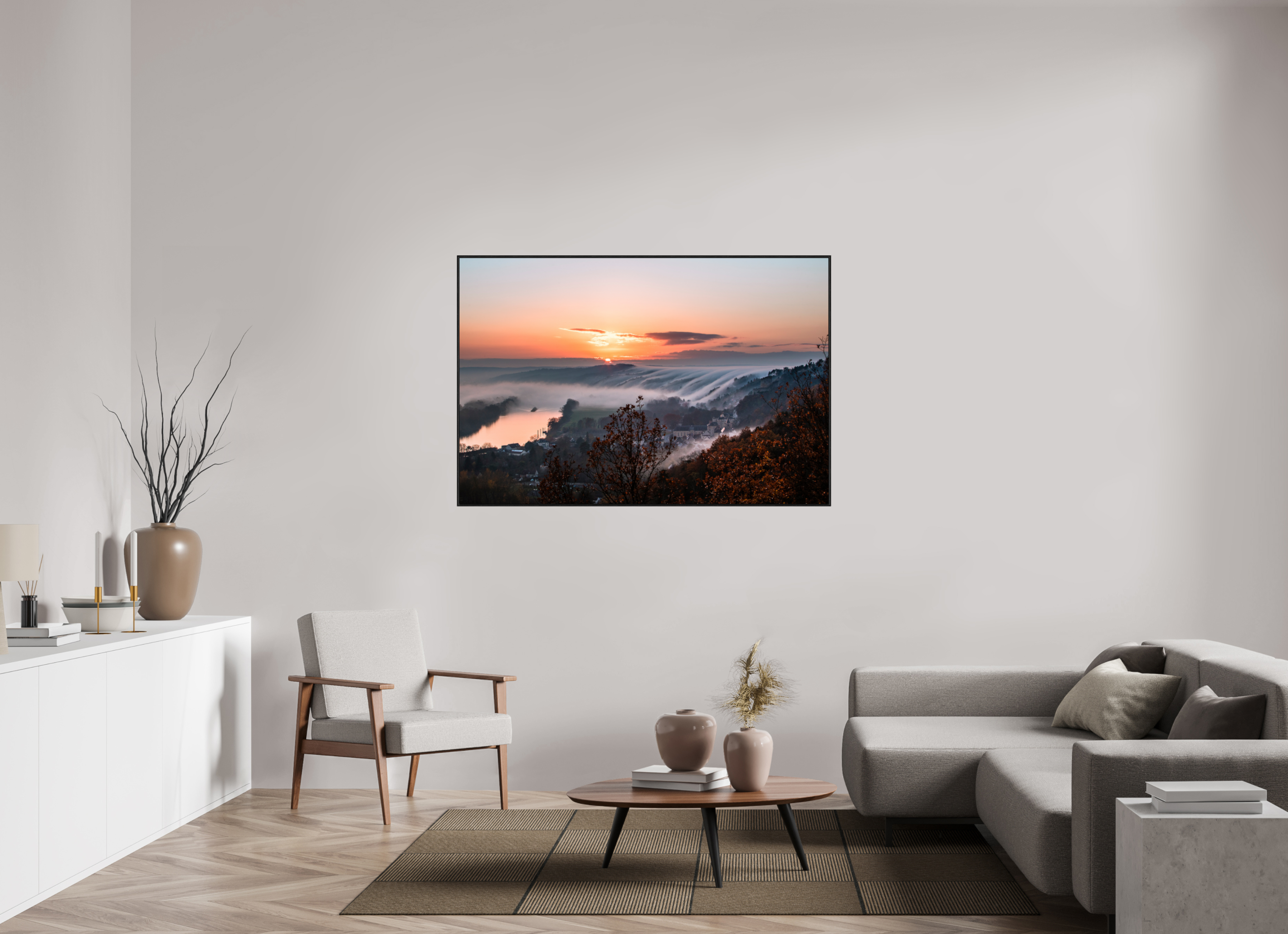 150 x 100 cm, Plexi et cadre américain Cascade de brume à la Roche Guyon