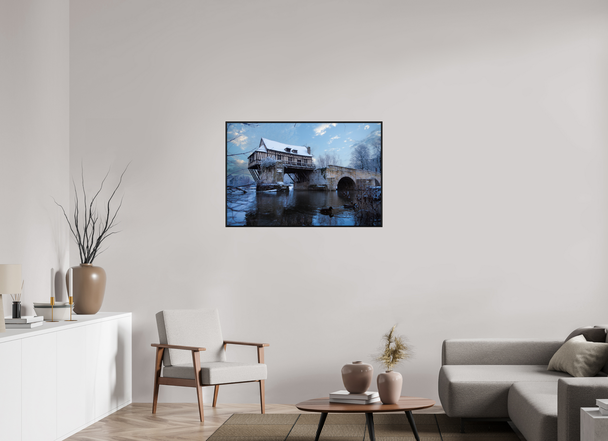 105 x 70 cm, Alu et cadre américain Vieux Pont de Vernon sous la neige