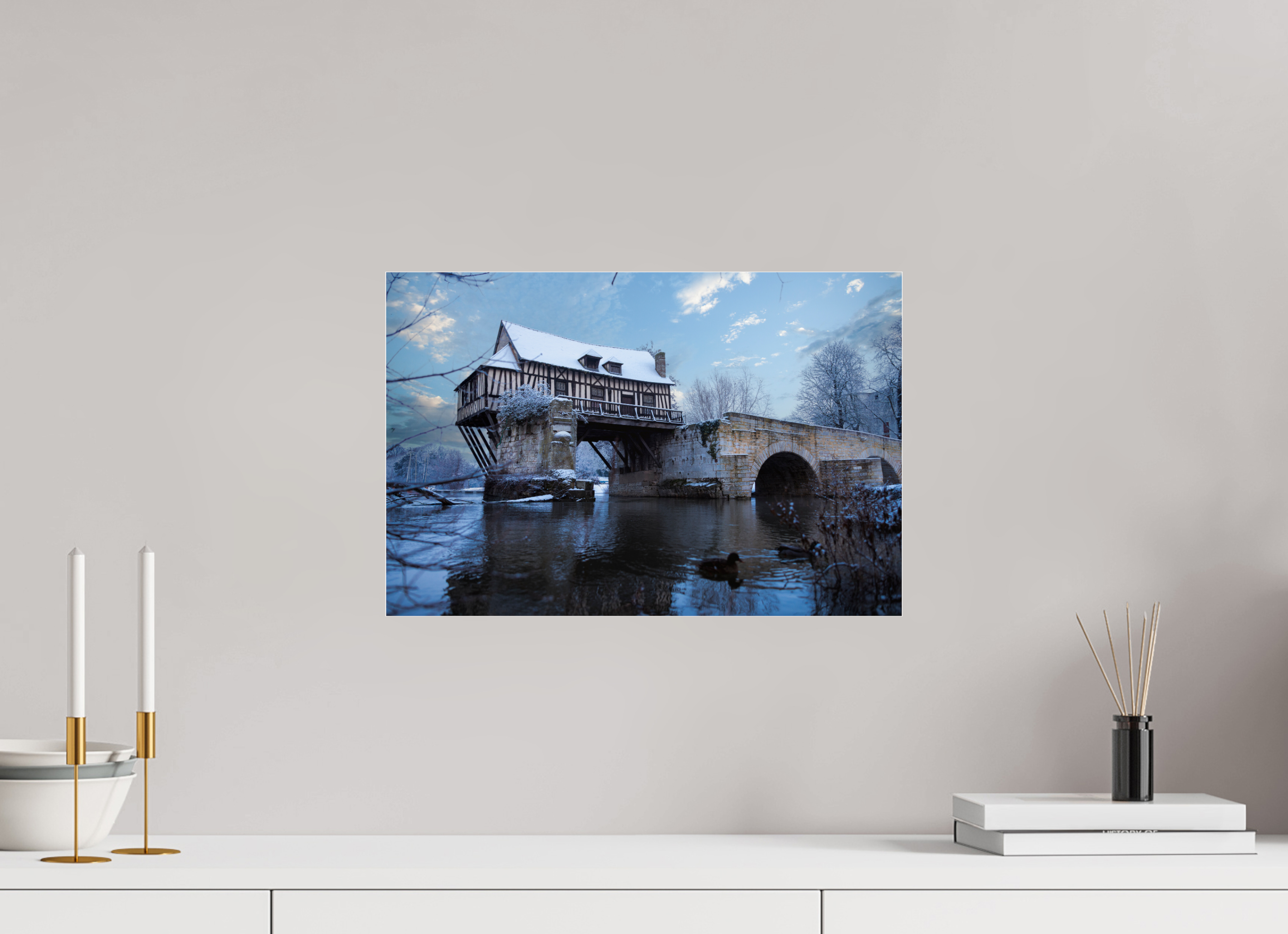 45 x 30 cm, Photo Print Under Acrylic Glass Vieux Pont de Vernon sous la neige